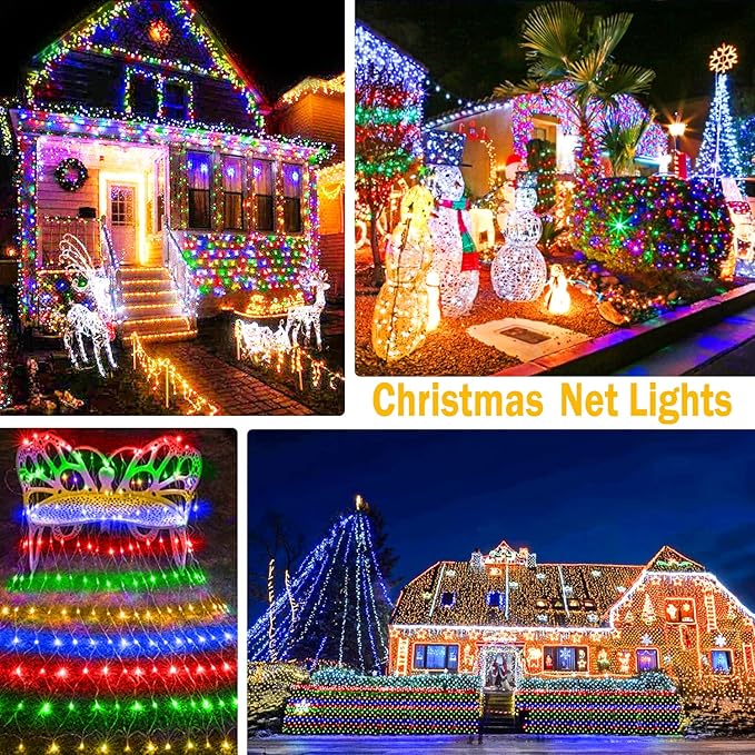 KNONEW Christmas Net Lights 360 LEDs 13ft x 9.8ft Outdoor Mesh Lights Connectable Waterproof 8 Modes & Timer Plug-in Net Fairy Lights for Bushes Garden Party Wedding Holiday,Multicolor
