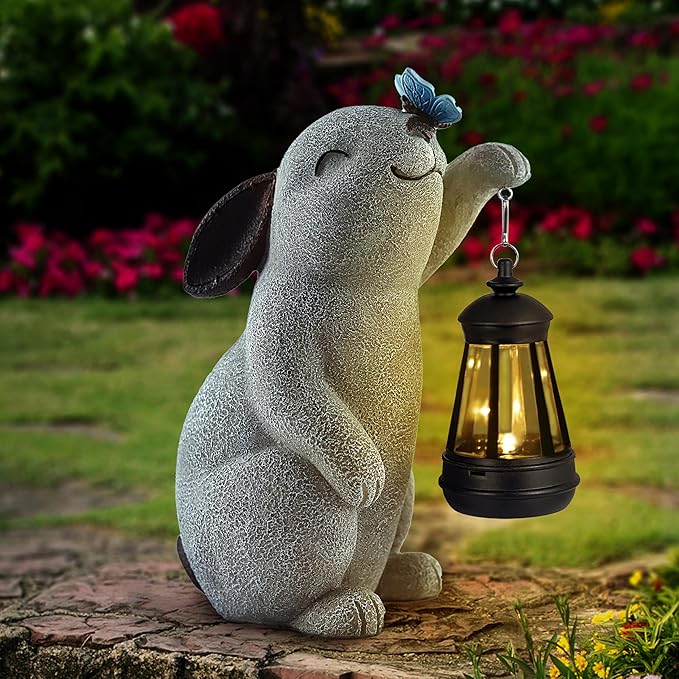 Solar Rabbit Statues for Garden Decor - Outdoor Bunny Figurine with Solar Lantern for Yard Patio Lawn Balcony Ornaments - Garden Gifts for Mothers Day, Grandma, Easter