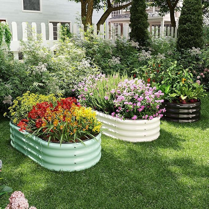 Galvanized Metal Planter Round Raised Garden Bed Kit for Gardening Outdoor,3x3x1ft Grow Garden Box Raised Flower Bed,Round Galvanized Planter Outdoor Large Metal Fire Pit Ring White