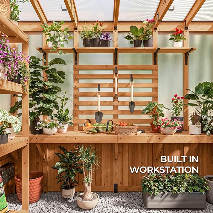 Backyard Discovery Poppy 9' x 6' Cedar Wood and Polycarbonate Walk-in Greenhouse Kit with Exhaust Fan, Windows, Hose Hook-Ups, PowerPort, Staging Shelves, Plant Hooks for Year-Round Outdoor Gardening