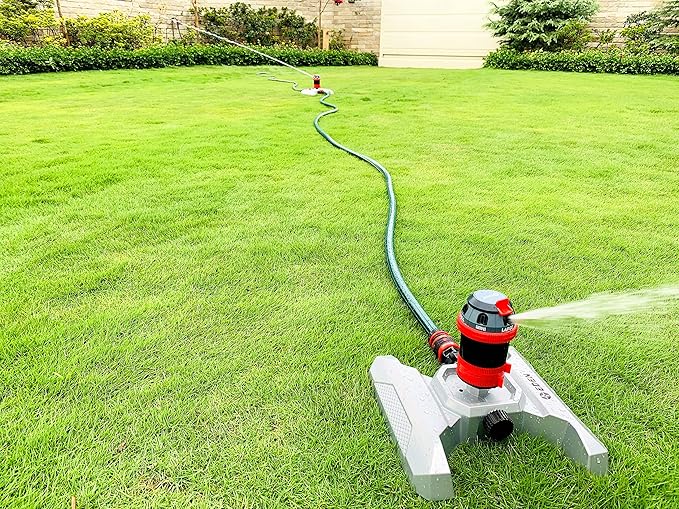 Eden 96122 Metal Adjustable 6-Pattern Mobile Rotary Gear Drive Garden Sprinkler for Yard W/Quick Connect Starter Set, Waters up to 80 ft. in Diameter