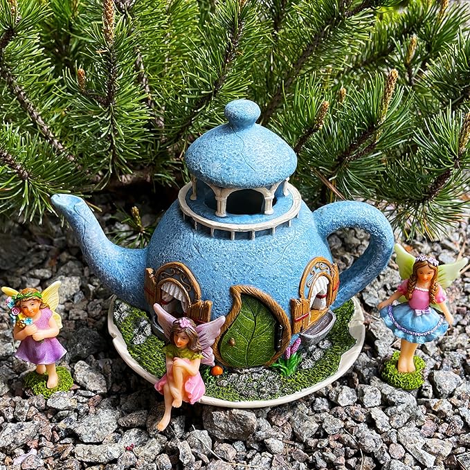 Mood Lab Fairy Garden Miniature Teapot House Kit - Figurines and Accessories Set of 4 pcs - 7.1 Inch Tall House