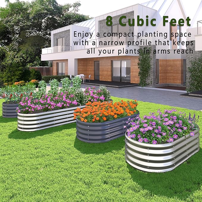 KFN 8x1.8x1FT Galvanized Raised Garden Bed,Raised Garden Bed Kit-Oval Metal Vegetable Box,Large Planter Flower Boxes Outdoor,Planting for Vegetables,Flower,Herb,Sliver,0.7mm