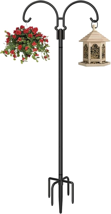 Outdoor Double Shepherds Hook with 5 Prong Base, 76 Inch Adjustable Heavy Duty Two Sided Bird Feeder Pole Stand for Hanging Plant Baskets, Solar Light Lanterns, Hummingbird Feeder, 1 Pack