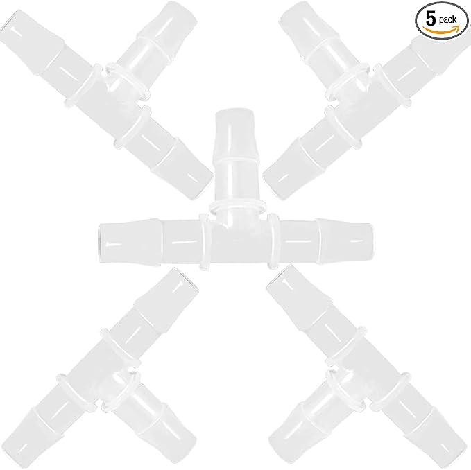5/16" Tee Fitting Equal Barb 3 Way Hose Barb Fitting，Splicer Joint Mender Adapter Union Fitting for Fuel Gas Liquid Air (Pack of 5)