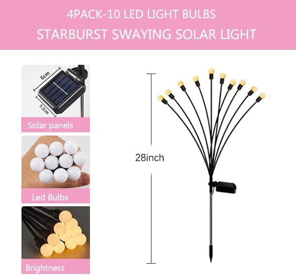 4 Pack Outdoor Solar Firefly Lights, 40 Globes LED, Waterproof, Warm White