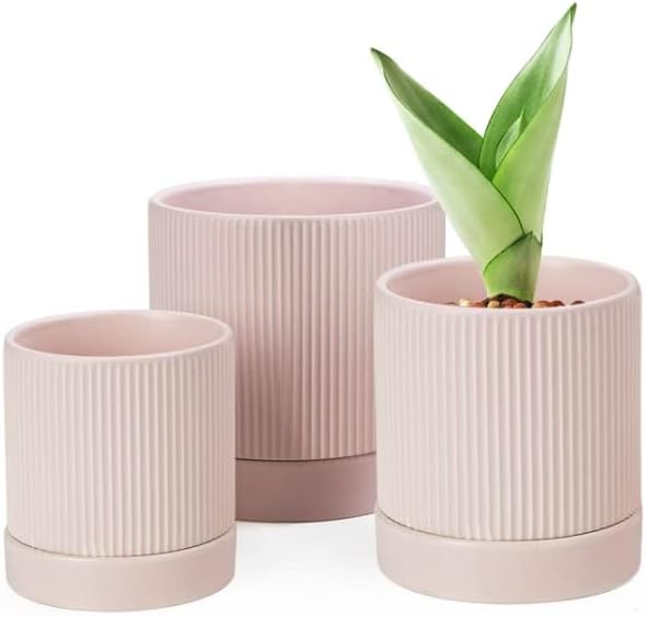 LaDoVita 3 Pack Ceramic Plant Pots 6/5/4 inch, Flowerpot for Indoor Plants with Drainage Holes and Tray, Outdoor Garden Planters, Modern Decorative for Home, Pink Vertical Stripes