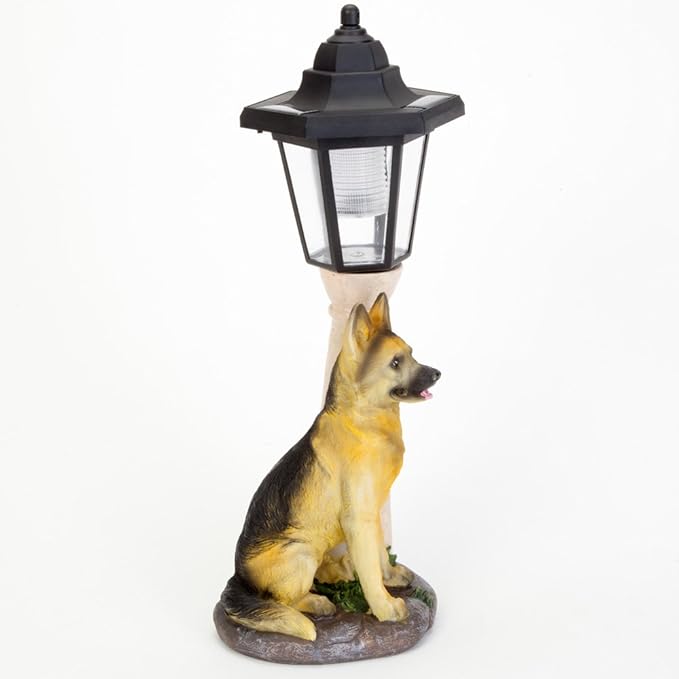 Bits and Pieces-Solar Shepherd Lantern-Solar Powered Garden Lantern - Resin Dog Sculpture with LED Light