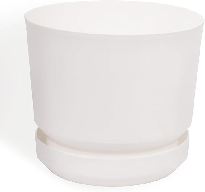 Elly Décor 12 inch Plastic Cylinder Planter Pot with Self-Watering Saucer and Drainage Hole,Lightweight & Extremely Durable, 12"x 12", White
