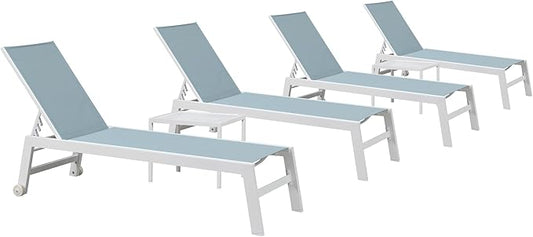 PURPLE LEAF Lounge Chair Outdoor Set of 4 White Aluminum Lounge Chairs with Wheels and Table Outdoor Chaise Lounge for Patio Pool Yard, Steel Blue