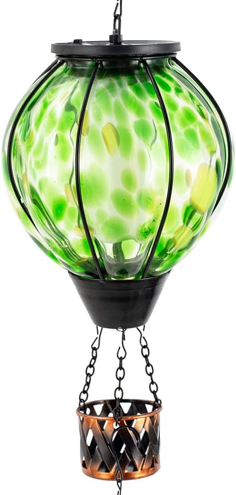 Solar Hot Air Balloon Lantern with Flame Flickering,Glass Hot Air Balloon Solar Lantern Outdoor Waterproof Hanging Outdoor Light for Patio Yard Garden Decor,Mother Day Gifts for Women(Green)