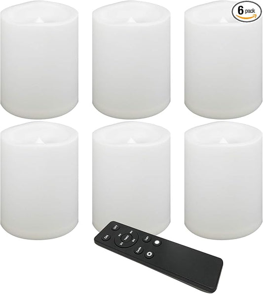 CANDLE CHOICE Waterproof Outdoor Battery Operated Flameless Candles Remote Timer White Plastic Realistic Flickering Fake Electric LED Pillars Lantern Garden Wedding Christmas Decorations 3”x4” 6 Pack