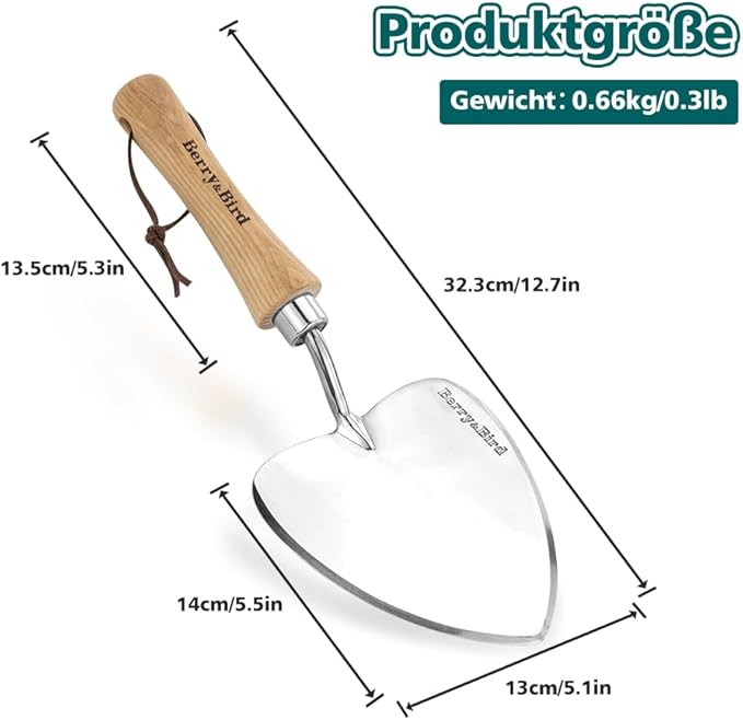 Berry&Bird Perennial Trowel, Oversized Garden Potting Trowel with Sharp Blade Wood Hand Shovel, Stainless Steel Planting Trowel Gardening Tool for Roots,Planting,Digging,Transplanting and Cutting