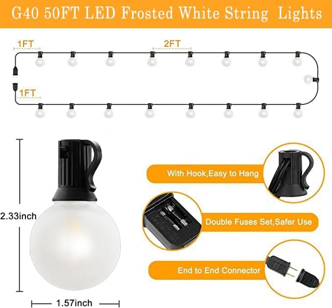 Outdoor String Lights 50Ft G4O Globe LED Patio Lights with 27 Shatterproof Frosted White Bulbs, Connectable Commercial Decorations Lights for Outdoor Porch Backyar Garden Wedding Lghting