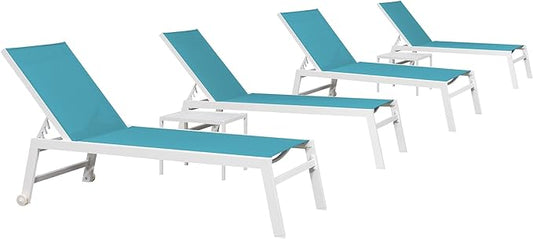 PURPLE LEAF Lounge Chair Outdoor Set of 4 White Aluminum Lounge Chairs with Wheels and Table Outdoor Chaise Lounge for Patio Pool Yard, Turquoise