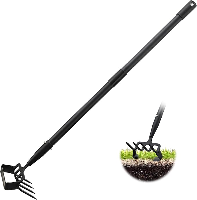 Weed Puller Gardening Tools, Hula Garden Hoe and 4 Tines Rake 2-in-1 Garden Tools for Weeding, Action Stirrup Hoe with 37"-62" Adjustable Long Handle for Lawn,Vegetable Garden Loose Soil and Weeding