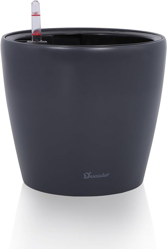 Dexceder 9x8 Inches Self Watering Planter Indoor Outdoor, Inner Pot Design, Thickened Table Flower Plant Pot with Water Level Indicator (Slate Gray Matte)