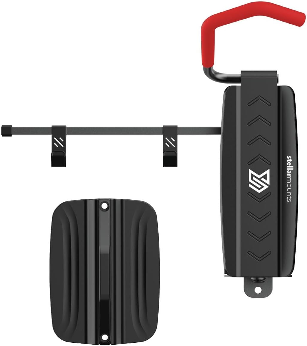 STELLARMOUNTS Bike Wall Mount - Wheel Hook Bracket - Industrial Class Bikcycle Rack Holds Up to 77 lbs - Secure Bike Storage Can be Mounted on Indoor/Outdoor Walls, Black/Red