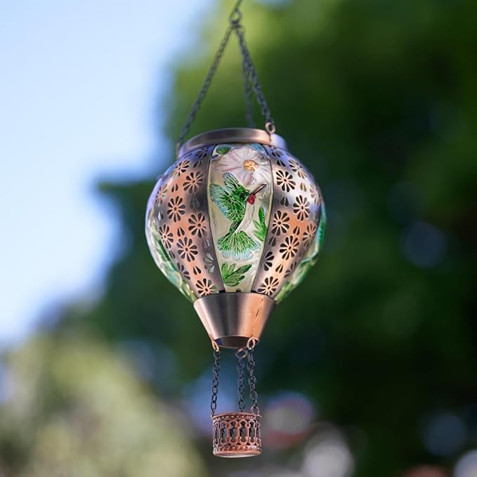 DREAMSOUL Hummingbird Hot Air Balloon Solar Lantern, Metal & Glass Flickering Flame Light Solar Lantern, Hanging Waterproof Solar Lanterns Outdoor for Garden Patio Tree Decoration Christmas Gifts