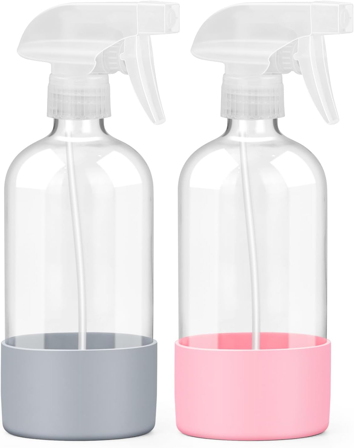 2 Pack Glass Spray Bottles with Silicone Sleeve, 16 oz Empty Refillable Containers with Adjustable Spray Nozzles, Spray Bottles for Hair, Cleaning Solutions and Plants Pink&Grey