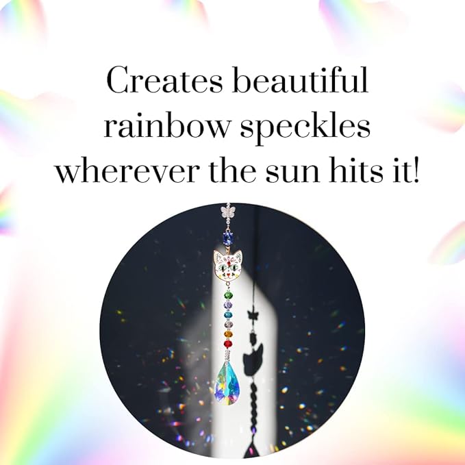 Crystal Rhinestones Suncatcher Cat Face Shaped with Butterfly Window Hang Pendant, Rainbow Crystal Colorful Prisms Ornament Gift Christmas Tree Decoration