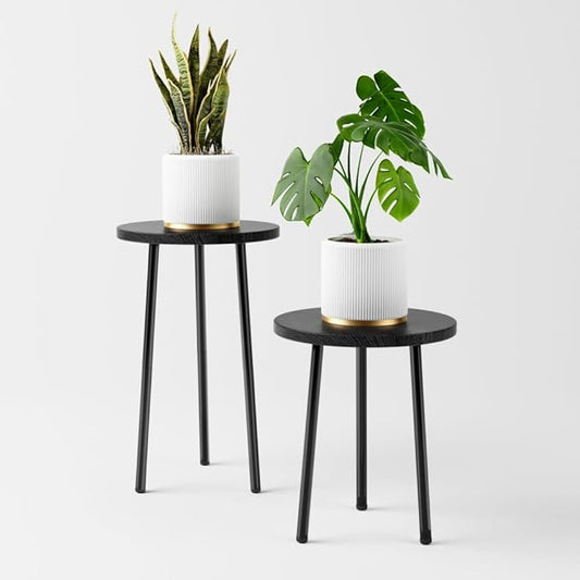 Plant Stand Indoor Tall: Corner Wood Plant Stand 2 Pack Mid Century Modern Decor - Small Round Plant Table for Indoor Plants - Outdoor Plant Holder for Patio Living Room Bathroom Office (Black)