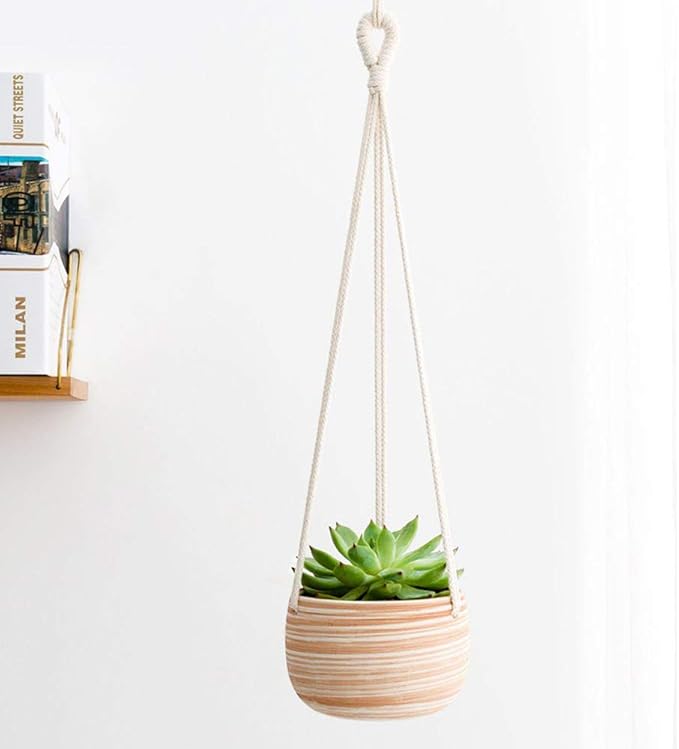 Mkono Ceramic Hanging Planter Macrame Plant Holder 5 Inch Cute Succulent Cactus Pot with Cotton Rope Hanger for Indoor Outdoor Decor, 2 Pack