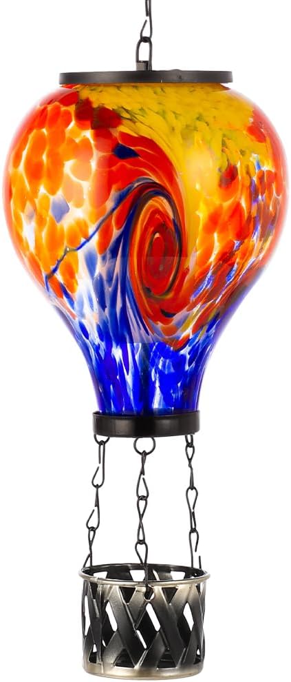 Starsoul Solar Hot Air Balloon Lantern with Flame Tie-Dye Style Hot Air Balloon Lamp Glass Outdoor Solar Hanging Lantern Waterproof for Garden Yard Patio