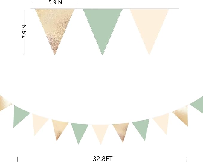 Sage Green Beige Champagne Gold Party Decorations Metallic Fabric Triangle Pennant Banner Bunting Flag Garland for Baby Shower Birthday Wedding Engagement Bridal Shower Graduation Decoration Supplies