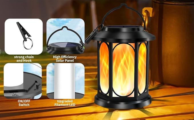 Solar Outdoor Lanterns Light Flickering Flame, Waterproof Outdoor Lanterns for Halloween Patio Garden Yard Deck Pathway, 4 Pack