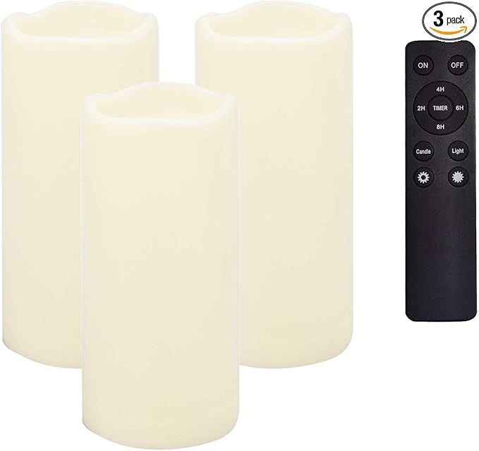 CANDLE CHOICE Waterproof Outdoor Battery Operated Flameless Candles Remote Timer White Tall Plastic Fake Realistic Flickering Electric LED Pillars for Lantern Wedding Christmas Decorations 3”x7” 3PCS