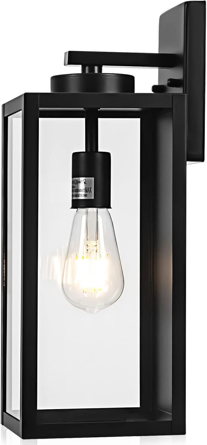 Outdoor Wall Light Fixture, Large 16" Exterior Black Lantern Waterproof, Farmhouse Porch Sconce Lighting with Glass, Modern Wall-Mounted Outside Lights for House, Garage, Patio Lamp