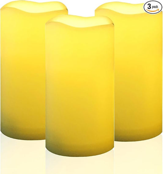 CANDLE CHOICE Waterproof Outdoor Battery Operated Flameless Candles with Remote Timer Plastic Flickering Fake Electric LED Pillars for Lantern Garden Wedding Christmas Decorations 3x6 Inches 3 PCS