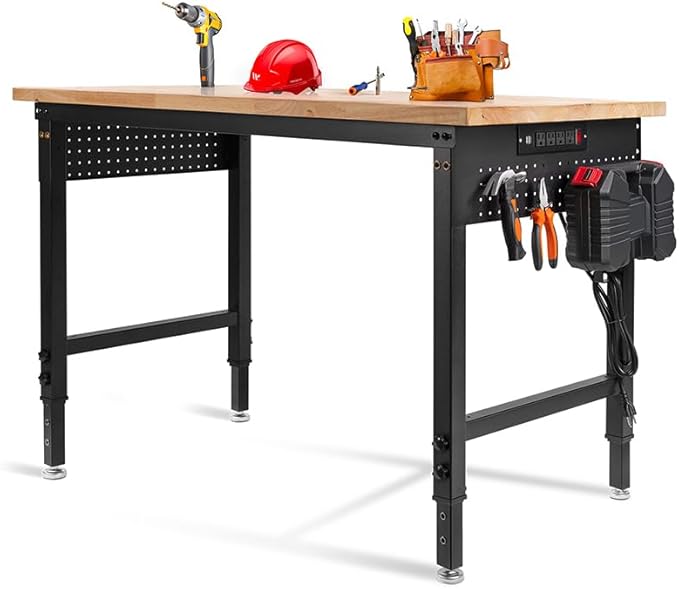 48" L×24”W Adjustable Workbench, 28”-40”Heights Heavy Duty Table 2000 LBS Load Capacity, Work Bench with Power Outlet & Pegboard, Rubber Wood Work Table for Garage, Office, Workshop, Home