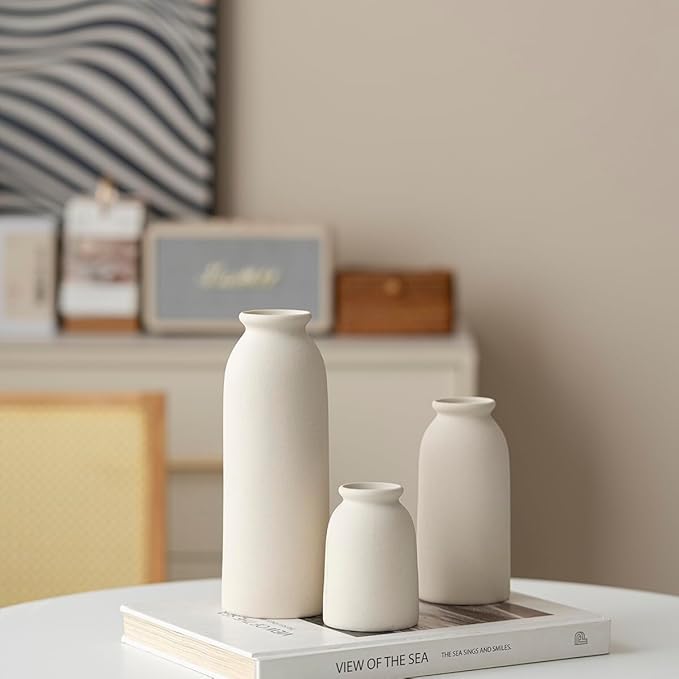 Ceramic Vase Set-3, Small Flower Vases for Decor, Modern Boho Farmhouse Style, Decorative Vases for Pampas Grass & Dried Flowers, Distressed Finish (Beige)