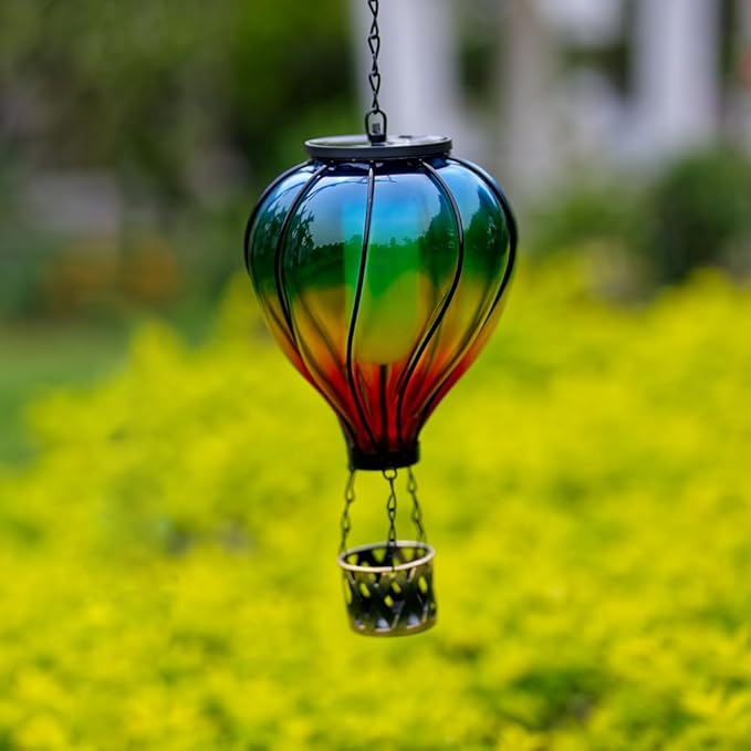 Starsoul Glass Hot Air Balloon Solar Lantern with Flickering Flame Light Colorful Solar Powered Hot Air Balloon Lamp Waterproof Hanging Solar Lantern for Garden Yard Patio Porch Decor