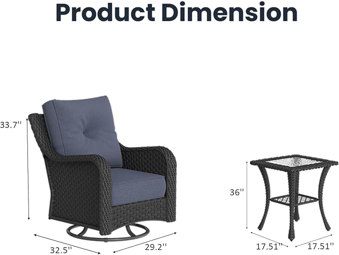 3 Pieces Outdoor Patio Furniture Sets with Rocking Swivel Chairs with 6-inch Thick Cushion and Side Table for Deck Lawn