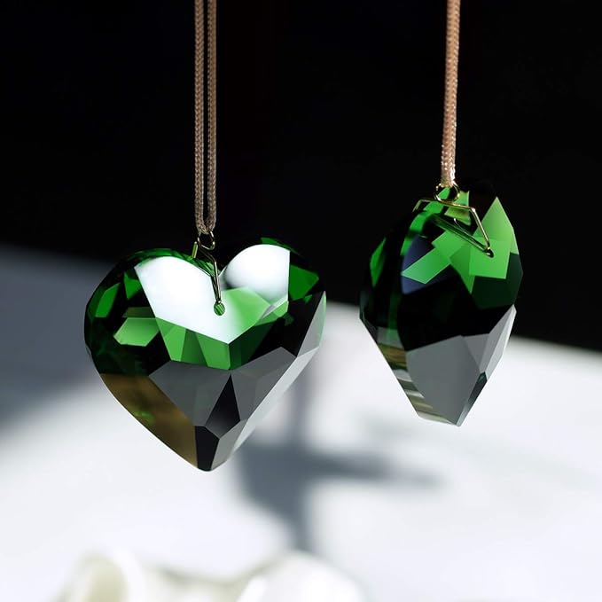 Green Heart Crystal Suncatcher, 2pc 45mm Hanging Prism for Windows, Outdoor Indoor Decoration, Rainbow Maker Gifts for Mom, Grandma, Friend