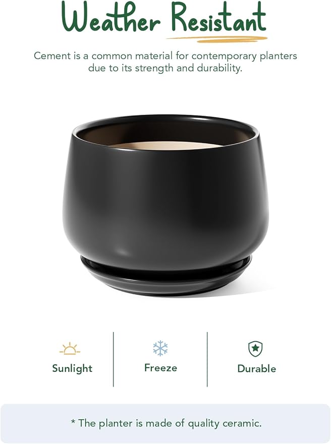 LE TAUCI Ceramic Planter, 10 Inch Plant Pot with Drainage Hole & Saucer – Durable Indoor Planter for Modern Home Decor, Black