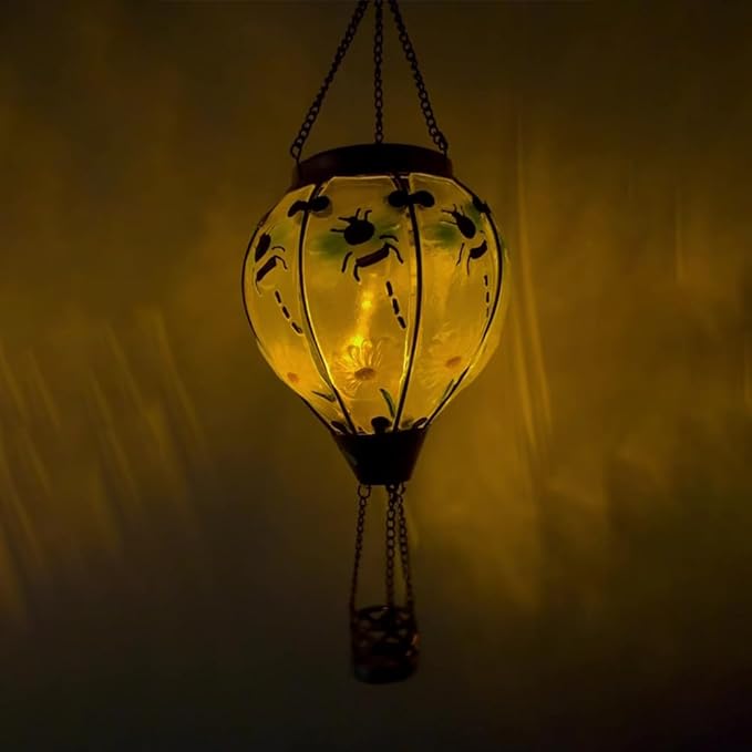 2PC Hot Air Balloon Solar Lantern with 2PC Shepherd Hook, Flickering Flame Hanging Solar Lanterns Outdoor Lights Waterproof Lanterns Decorative Garden Patio Yard Party Decor (Bees)