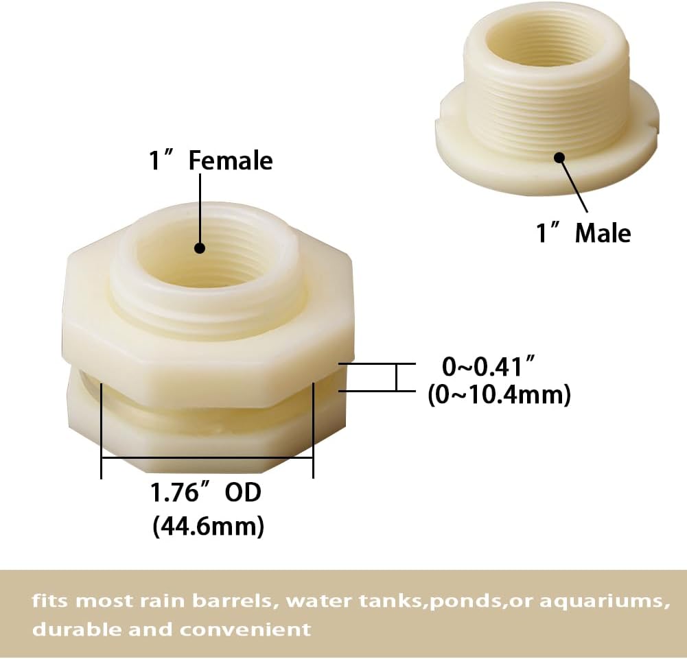 1" Female ABS Bulkhead Fitting, Plastic Water Tank Connector Adapter Fitting with Plugs for Outdoor rain Barrel Garden Hose Adapter Spigot kit Water Tank Gallon Drain Bucket(Set of 2)