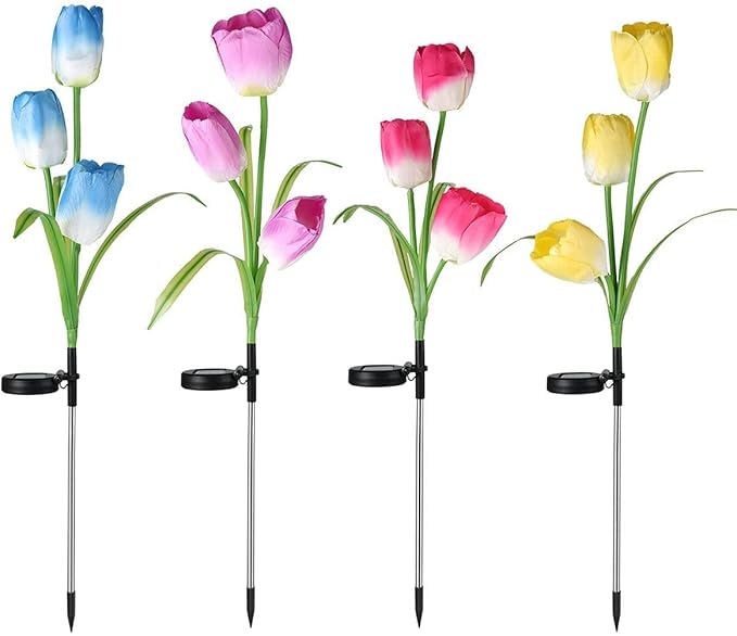 Veesee Outdoor Solar Tulip LED Flower Light, Christmas Gift, Solar Garden Stake Flowers, Decorative Solar Lamp for Patio Lawn,Solar Path Tulip Lights, Lawn, Garden, Yard, Grave Decoration-Red