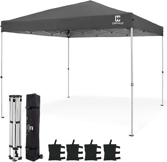 CAPHAUS 12ft x 12ft Patented One-Push Pop Up Outdoor Canopy Tent, Heavy-Duty Commercial Grade w/Central Lock, Portable and Instant Folding Shelter with Wheeled Carry Bag and Weight Bag, Dark Grey