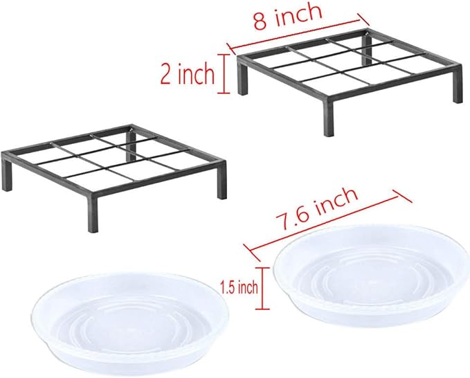 8" Metal Heavy Duty Potted Plant Stand Flower Pot Holder with Saucer Indoor Outdoor Rustproof Iron Garden Container Square Supports Rack for Planter ,2 Pack(iron color )