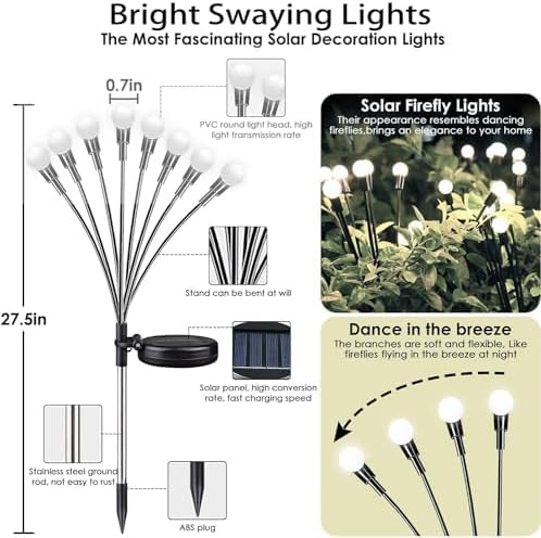 OZS Solar Garden Lights 12pack 96LED Solar Garden Lights - Solar Firefly Lights Outdoor, Solar Swaying Light, Sway by Wind, Solar Fairy Lights Waterproof for Pathway Decoration (Cool White)
