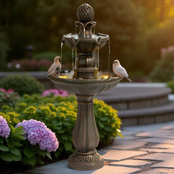 Outdoor Water Fountain –42.2 in. Tall Large Floor-Standing Bird Bath for Outside,3 Tier Elegant Waterfall Feature for Garden, Yard, Patio, Home Decor (Bronze Color)