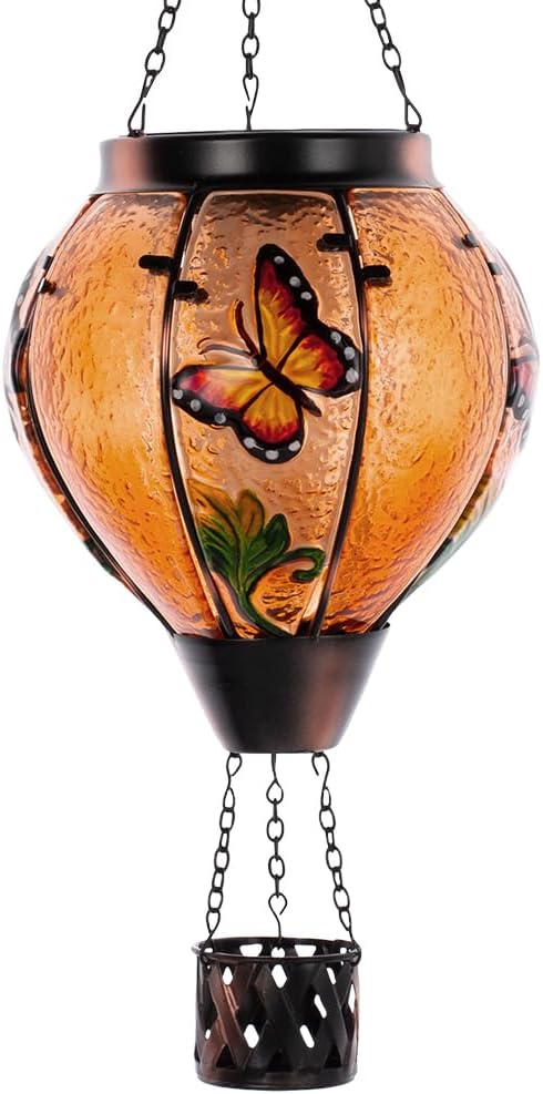 Starsoul Butterfly Hot Air Balloon Solar Lantern with Flickering Flame Light Glass Solar Powered Hot Air Balloon Lamp Waterproof Hanging Outdoor Solar Lantern for Yard Porch Backyard Decor