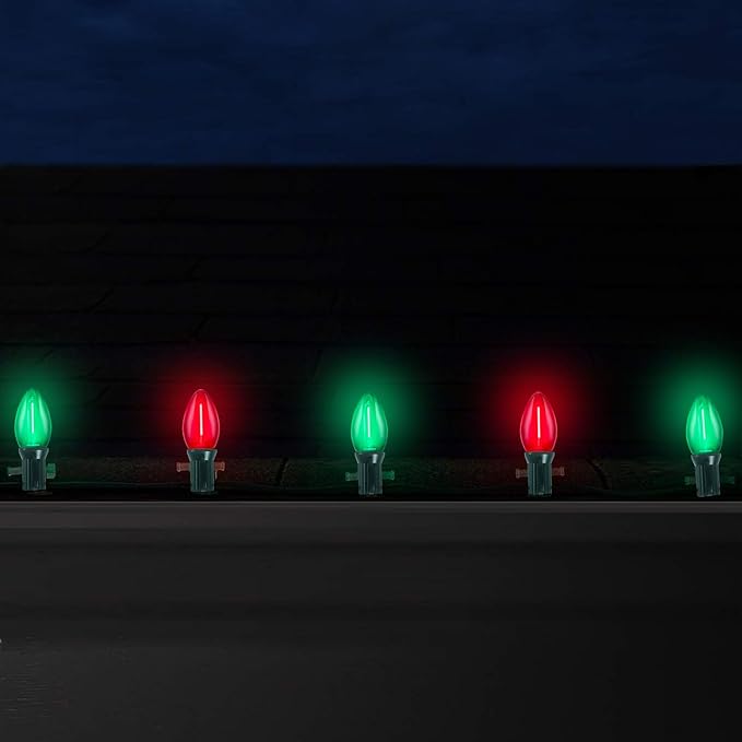C7 LED Christmas Lights Outdoor, 25FT Clear Red and Green Christmas String Lights with 27 LED Energy-Efficient Bulbs, Hanging Vintage Christmas Decorations Lights for Holiday Party Patio Garden Yard