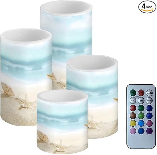 Beach Starfish Seashell Flameless LED Battery Candles 4 Pieces Pillar Fake Candles with Colored Light 4H 8H Timer Remote for Wedding Beach Party Decor