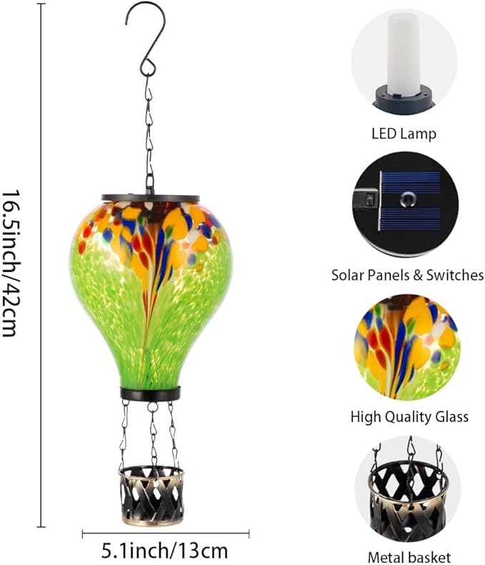 Starsoul 2 PC Hot Air Balloon Solar Lantern Tie-Dye Style Glass Outdoor Hanging Solar Hot Air Balloon Lantern with Flame Light Waterproof for Garden Yard Patio Decor